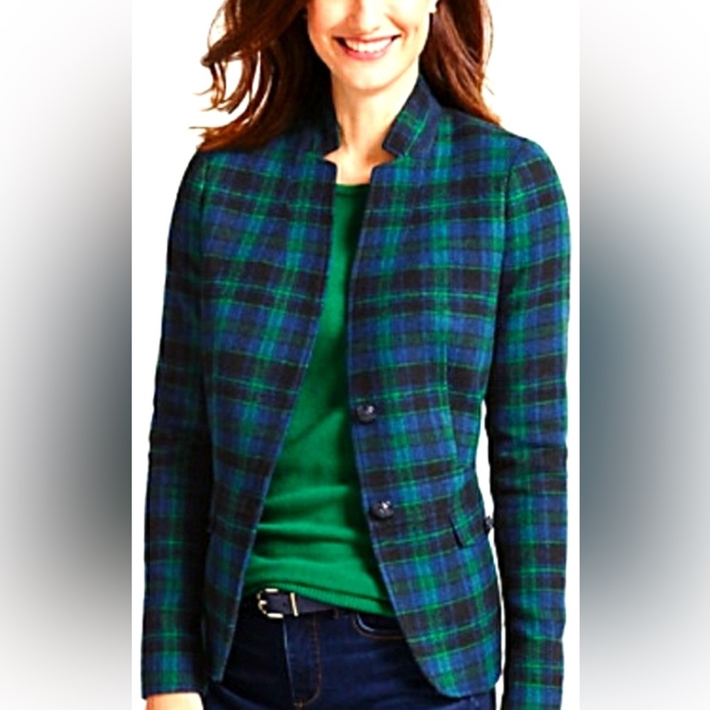 Talbots Blazer Tartan Plaid Green & Black Wool Blend Notch Collar 2 Button 14